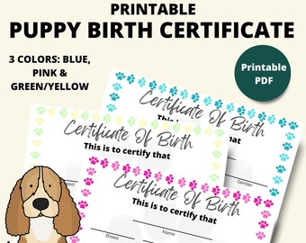 Printable Puppy Birth Certificate | Dog Birth Certificate | Pet Birth Certificate | Breeder Birth Form | Puppy Adoption Certificate