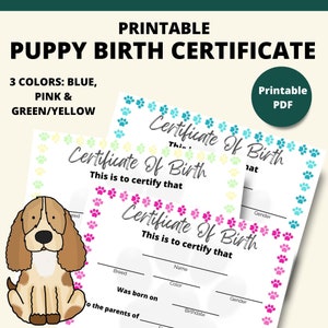 Afdrukbare puppy-geboorteakte | Geboorteakte hond | Geboorteakte huisdier | Geboorteformulier fokker | Certificaat voor adoptie van puppy's