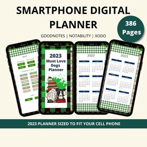 Op de afbeelding: Een digitale planner voor smartphones met een groen-wit geruite achtergrond. De planner heeft een illustratie van een dwerg en een hond en de tekst "2023 Must Love Dogs Planner". De planner is compatibel met de apps Goodnotes, Notability en Xodo. Hij bevat 386 pagina's.