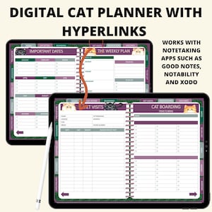 Puede incluir: Planificador digital para dueños de gatos con hipervínculos. El planificador incluye secciones para fechas importantes, visitas al veterinario, medicamentos, vacunas, pensión para gatos y un planificador semanal. El planificador está diseñado para funcionar con aplicaciones de toma de notas como GoodNotes, Notability y Xodo.
