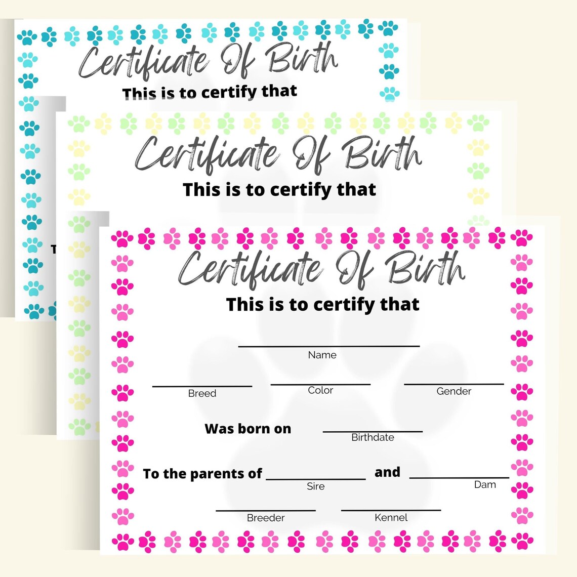 Printable Puppy Birth Certificate | Dog Birth Certificate | Pet Birth ...