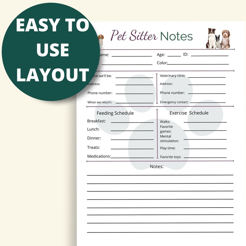Printable Pet Sitter Notes Instant Download 8.5x11 PDF Etsy Canada