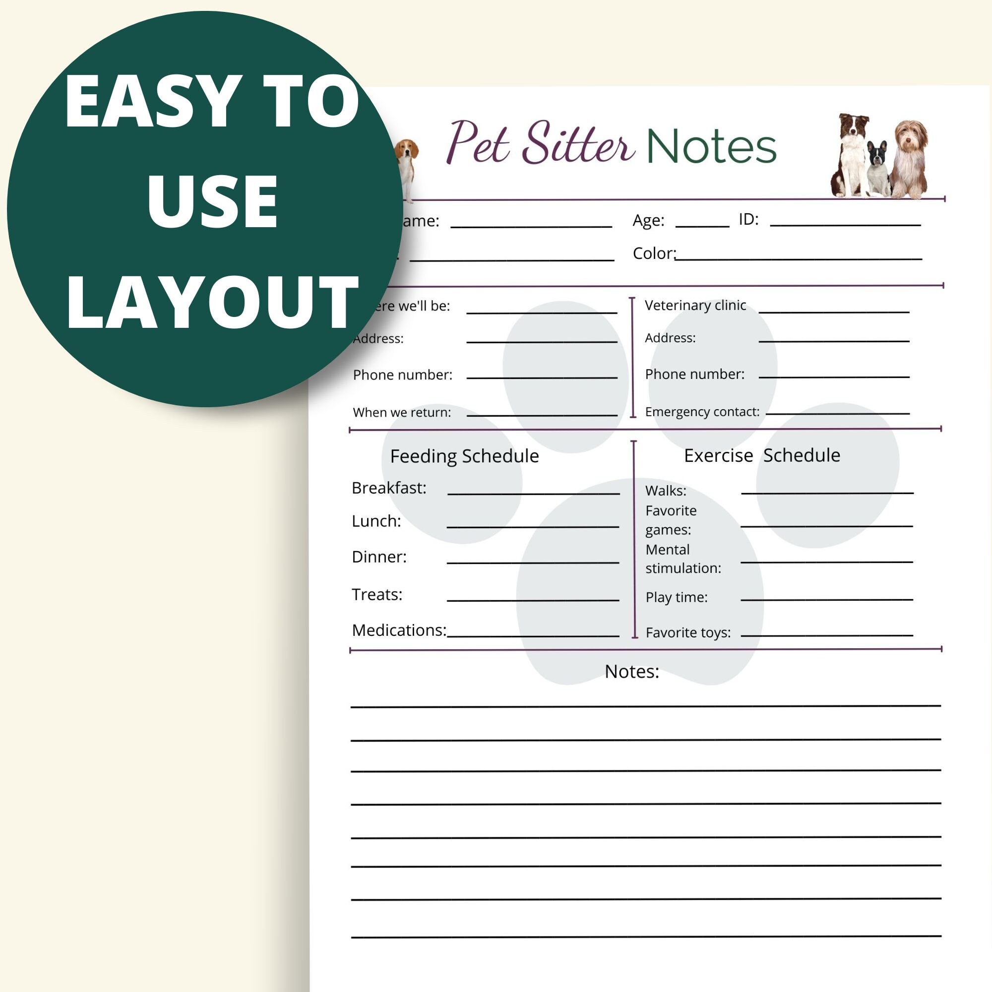 Printable Pet Sitter Notes Instant Download 8.5x11 PDF Etsy Canada