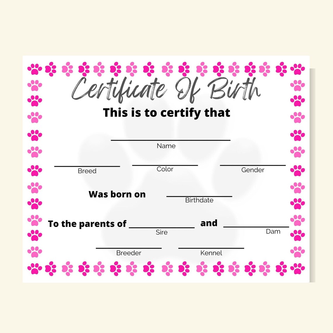 Printable Puppy Birth Certificate | Dog Birth Certificate | Pet Birth ...