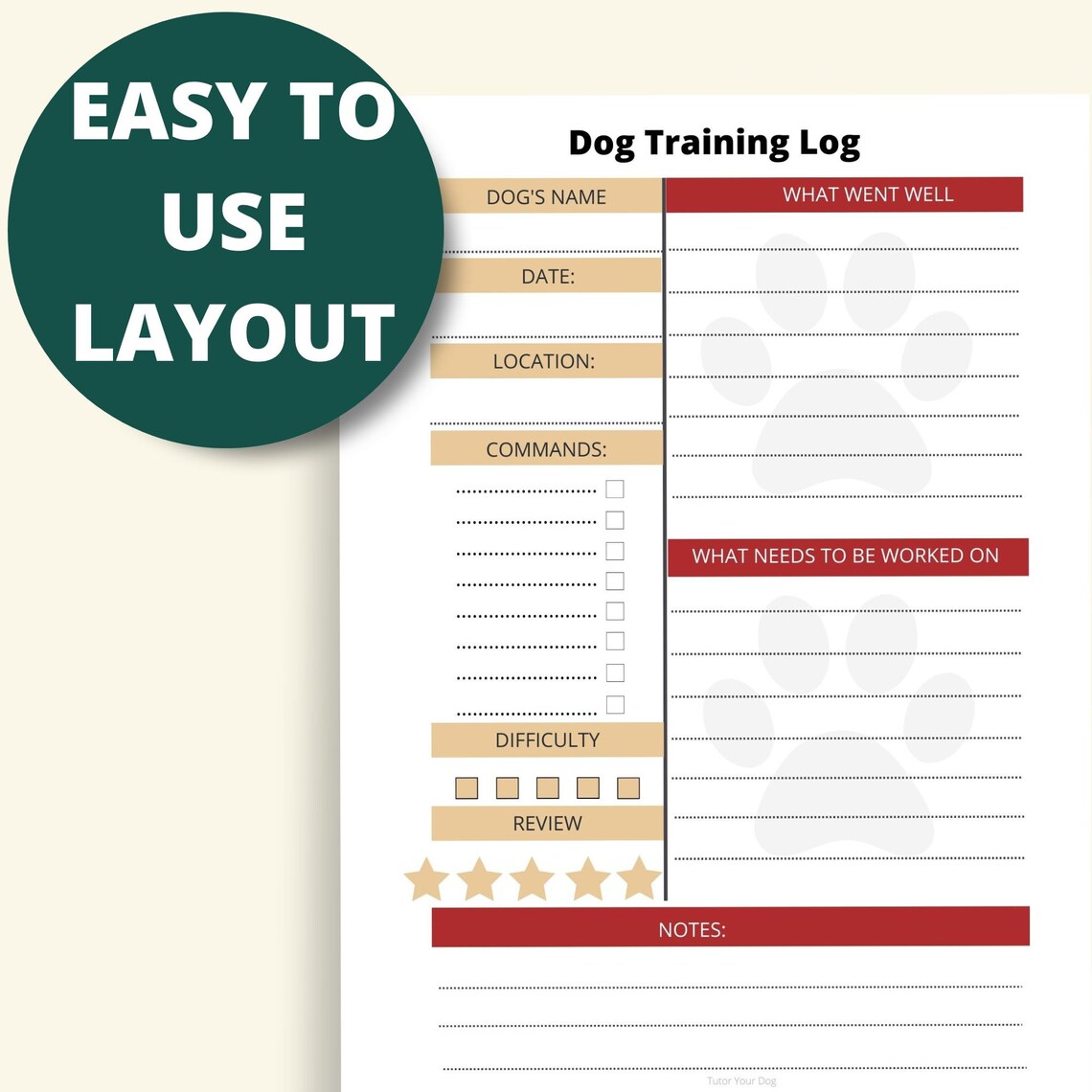 Printable Dog Training Log Sheet Instant Download 8.5x11 PDF Dog