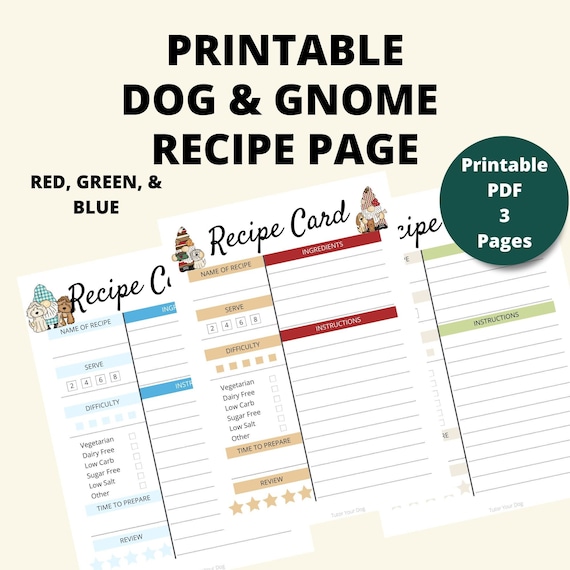 Printable Recipe Card | Blank Recipe Page | Home Cook Book | Recipe Planner Page | Recipe Sheet  | Letter Size 8.5 x 11" | Dog Recipe Card