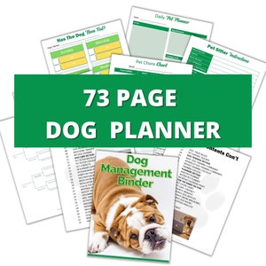 May include: A 73-page dog planner binder with a bulldog on the cover. The binder includes sections for dog care, training, and planning. The text "Dog Management Binder" is printed on the cover.