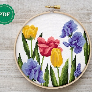 Kreuzstichmuster Tulpen und Schwertlilien, Kreuzstichmuster Blumen, Kreuzstichmuster Frühling, Stickvorlage Tulpen, einfacher Kreuzstich, PDF