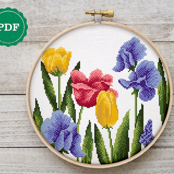 Tulips and irises cross stitch pattern, flowers cross stitch pattern, spring embroidery, tulips needlepoint, simple cross stitch, PDF