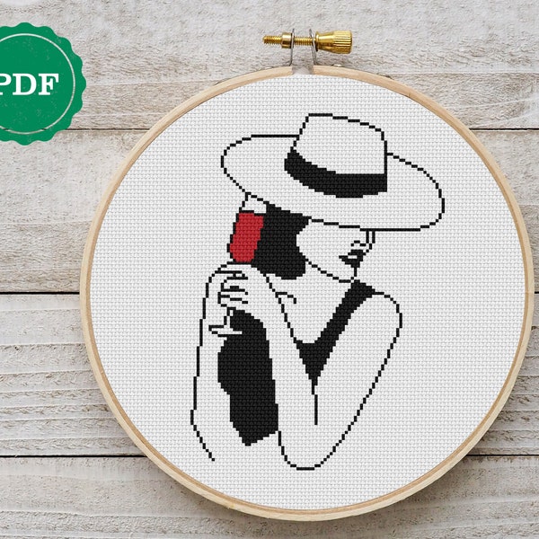 Woman with wine cross stitch pattern, one line cross stitch, portrait cross stitch pattern, Female body cross stitch, counted digital pdf