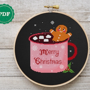 Gingerbread with marshmallows cross stitch, Gingerbread embroidery pattern, Gingerbreads Sampler Cross Stitch, winter pattern, digital pdf