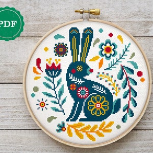 Floral folk hare cross stitch pattern, Scandinavian pattern, floral ornament embroidery, Easter wall decor, bunny embroidery,  pdf download