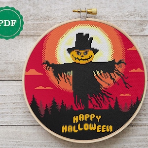 Happy Halloween cross stitch pattern, spooky pattern, scarecrow embroidery, Halloween wall decor, pumpkin cross stitch, download PDF