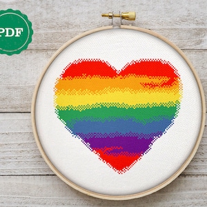 Wzór haftu krzyżykowego serce LGBT, haft krzyżykowy Love Cross Stitch, haft LGBT, kolorowy haft krzyżykowy serce, haft krzyżykowy duma, cyfrowe pobieranie pliku PDF