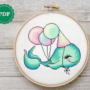 Little whale cross stitch pattern, birthday gift cross stitch, birthday embroidery, baby shower decor, cute whale embroidery, digital pdf