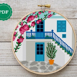 Mykonos cross stitch pattern, journey cross stitch, Mykonos embroidery, housewarming cross stitch, stitching, cross designs, download pdf