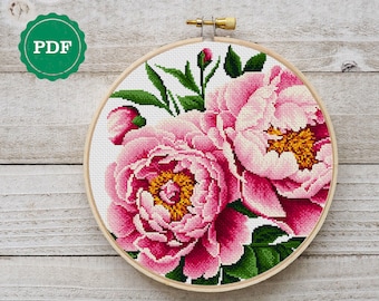Peony Cross Stitch Pattern: Floral Embroidery Design (PDF)