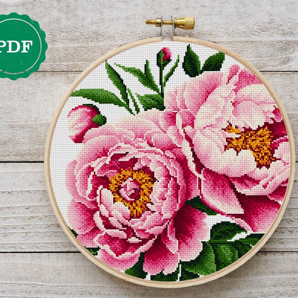 Modèle artisanal de point de croix de pivoines - Art botanique à accrocher au mur, fleurs au point de croix, broderie de pivoines de jardin, modèle numérique PDF