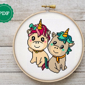 Zwillinge Einhorn Kreuzstichmuster, süßes Kinderzimmer, Kinderzimmer Stickerei, Einhorn Baby Shower, Baby Lovey, Fantasy Kreuzstich, PDF