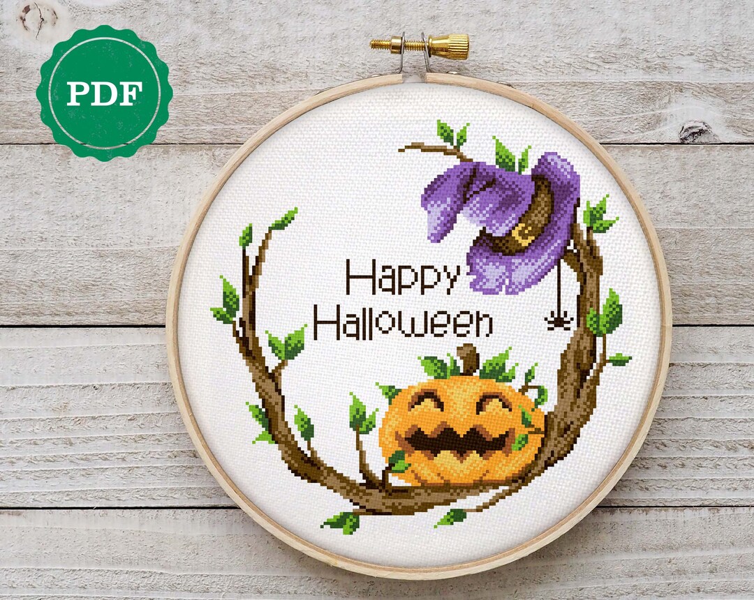 Halloween Wreath Cross Stitch Pattern PDF, Pumpkin and Witch Hat ...