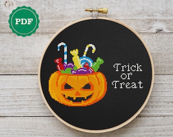 Trick or treat cross stitch pattern, spooky embroidery, Halloween Pumpkin cross stitch, gothic cross stitch, counted digital pdf download