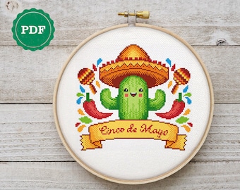 Patrón de punto de cruz de cactus del Cinco de Mayo: bordado mexicano (descarga PDF)