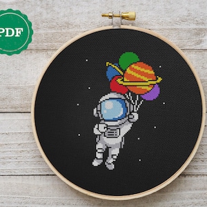 Space cross stitch, astronaut decor, cosmonaut cross stitch, planet cross stitch, kids wall decor, gift for a boy, black digital file