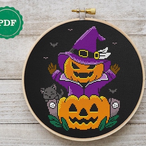 Halloween Pumpkin cross stitch pattern, Halloween cross stitch, embroidery Halloween, modern cross stitch, easy pattern PDF Instant download