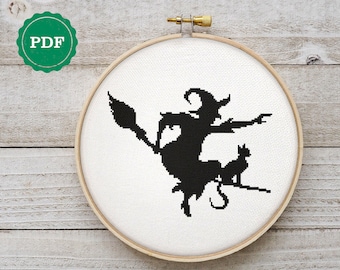 Witch & Cat Cross Stitch Pattern: Spooky Halloween Embroidery (PDF Download)