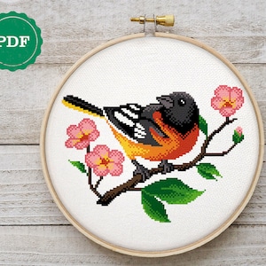 Punto de cruz de pájaro florido, bordado de pájaro, punto de cruz floral, punto de cruz fácil, punto de cruz de pájaro cantor, rama floreciente, PDF instantáneo