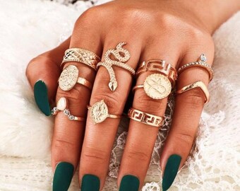 Fashion Blogger Style Snake Ring Chunky Rings Influencer Diamond Ring Ring Gift Set Fashion Boho Ring Set Stone Silver Boho Rings
