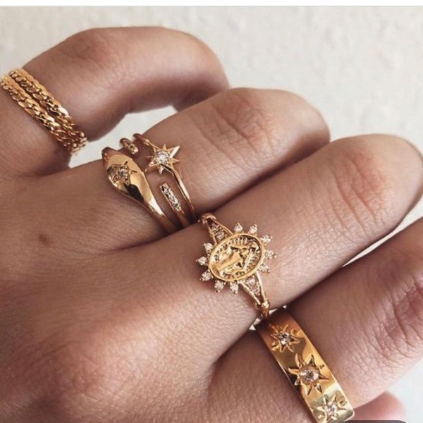 Boho Oro 7 Anillo Set, Anillo Constelación, Anillo Estrella, Banda de Oro, Anillo Delicado, Anillo Minimalista, Anillo de Declaración, Anillo Simple, Apilable, Regalo