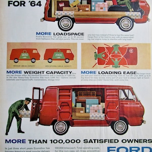 Vintage Magazine Ad, 1964 Ford Econoline Van, first car gift, mechanic&#39;s garage decor, gift for him,  13 1/5 x 10 1/5&quot;