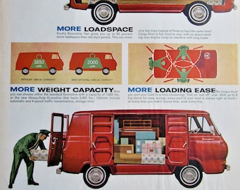 Vintage Magazine Ad, 1964 Ford Econoline Van, first car gift, mechanic&#39;s garage decor, gift for him,  13 1/5 x 10 1/5&quot;