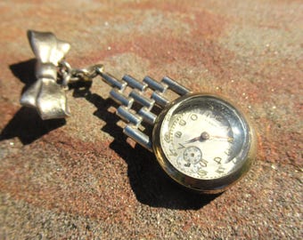 Art Deco Harman Lapel Watch Brooch, 10K Rolled Gold Ribbon Bow Pin, Faceted Bubble Crystal Pendant Watch, 1930s, As Is