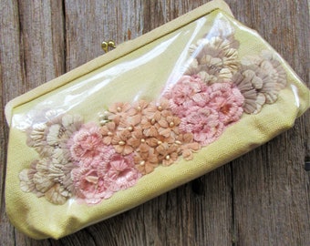 Vintage Vinyl clutch, MINT , 60's MAGID designer pastel silk flowers, wedding clutch, Mother of the bride accessory, 10 3/4" x 6"