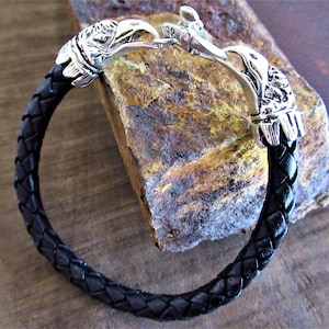 Eagle head bracelet, Premium braided black leather, toggle clasp, 8&quot;