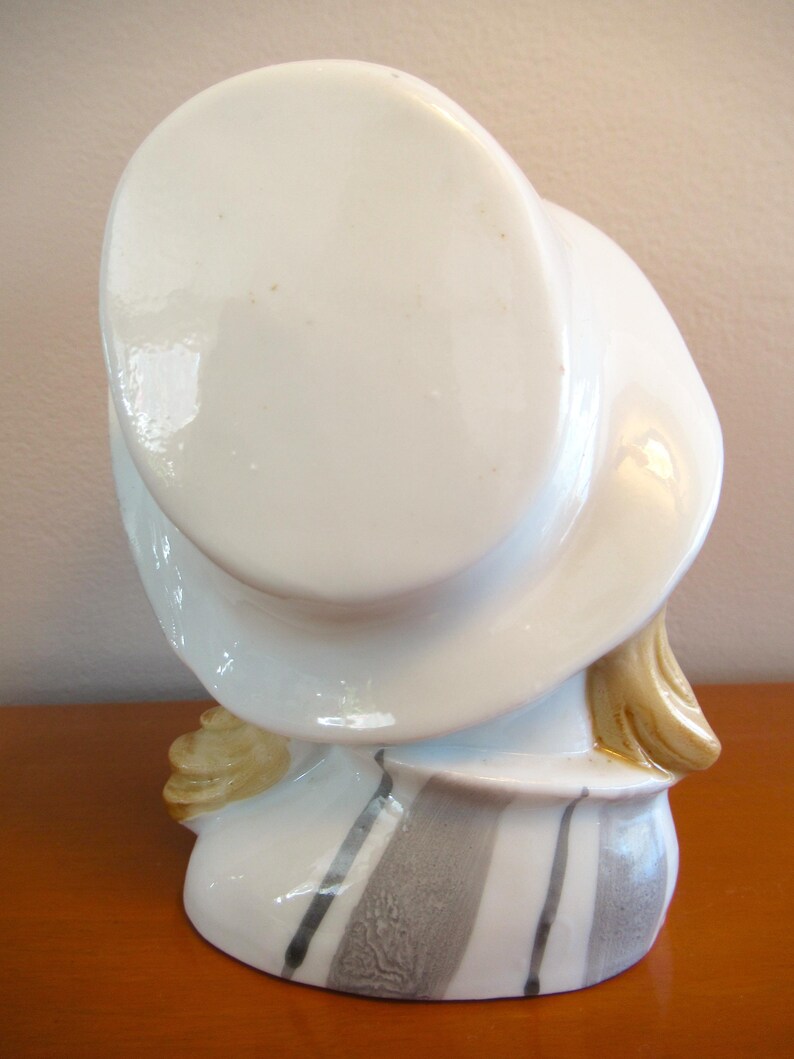 Puede incluir: Figura de cer&aacute;mica de una persona con un sombrero blanco grande, con pelo rubio. La figura tiene un dise&ntilde;o a rayas blancas y grises en la base. El sombrero est&aacute; inclinado, sobre una superficie de madera.