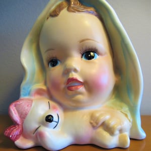 Vintage Lady Head Vase, MINT ENESCO 50&#39;s Baby with Teddy Bear, Kitsch nursery decor, vintage home, gift for her, Vintage Vanity Display, 5&quot;