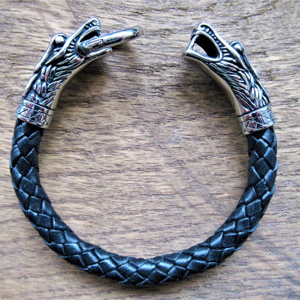 Dragon bracelet, stainless steel dragon and spring clasp, 8 mm Black premium braided leather, gift for Father, Grooms' gift, 8 3/4"