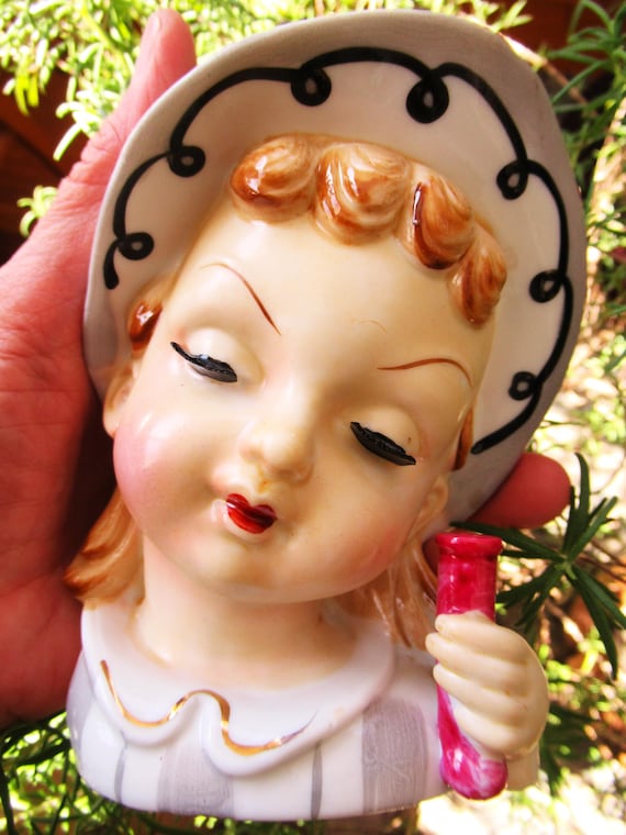 Vintage Lady Head vase, Hand Painted, nursery decor, midcentury decor, 1st Birthday gift, 5"