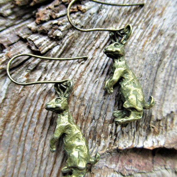 Bunny rabbit earrings, Rabbit totem, 3D bronze bunnies earrings, Alice in Wonderland, artisan made earring hoops, summer jewelry,  1.5"