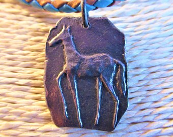 Horse pendant necklace, artisan pewter, First Nations Peoples, Southwestern jewelry, Cowgirl necklace braided turquoise and tan leather, 16"