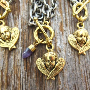 12K Gold Plated Angel Wings Bracelet, Toggle Clasp, Baby Angel Wings,  7 1/4" choice of three
