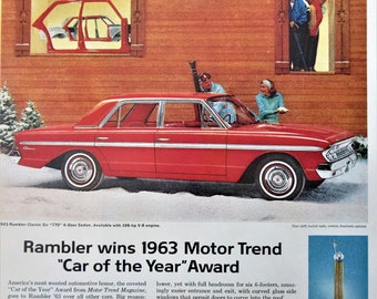 Vintage Ad RAMBLER &#39;63 Classic Six &quot;770&quot; 4 door sedan, 198-hp V-8 &quot;Car of the Year&quot;, kitsch wall art, car lovers poster, 14&quot;x10&quot;