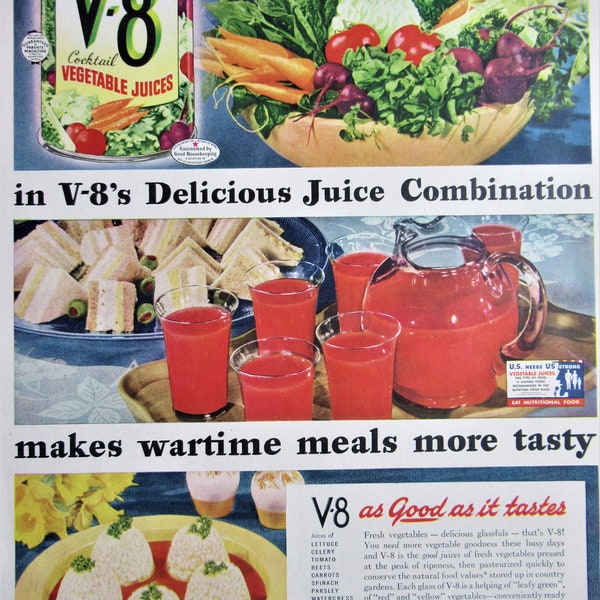 Vintage Magazine Ad, 1943 V-8 Juice early Ad, vintage kitchen decor, healthy nutrition art, best friend gift,  13 1/4 x 10 1/4"