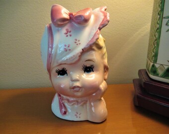 Jarrón vintage con cabeza de bebé, impecable, Enesco Japón n.° E-6089, regalo para primer bebé, porta maquillaje, decoración vintage para el hogar, jarrón kitsch de 12,7 x 7,6 cm.