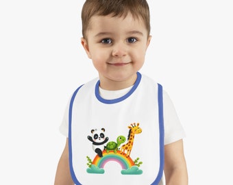 Cute Animals on Rainbow | Baby Contrast Trim Jersey Bib | Panda, Turtle, and Giraffe Sitting on Rainbow with Clouds