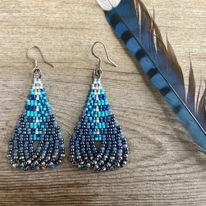 Blue Bird Feather Teardrop Beaded Earrings with Beaded Ruffle