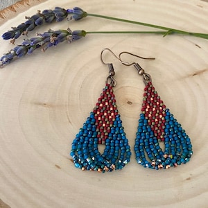 Red and Blue Beaded Teardrop Earrings with Beaded Ruffle